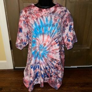New Gildan Blue & Red Colorful Tie-Dye Retro Short Sleeve Cotton Shirt Size XL